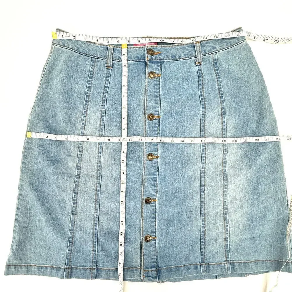 VTG Woman Within Brass Button Front Knee Length A-Line Faded Jean Skirt Size 14W
